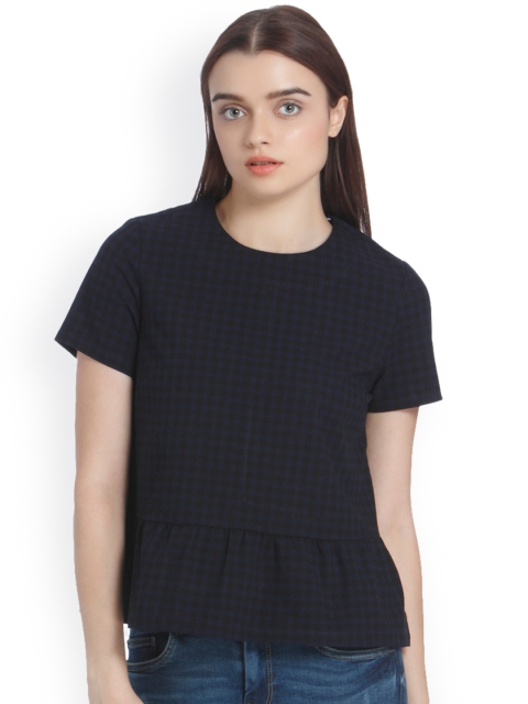 

Vero Moda Women Navy Checked Peplum Top, Navy blue