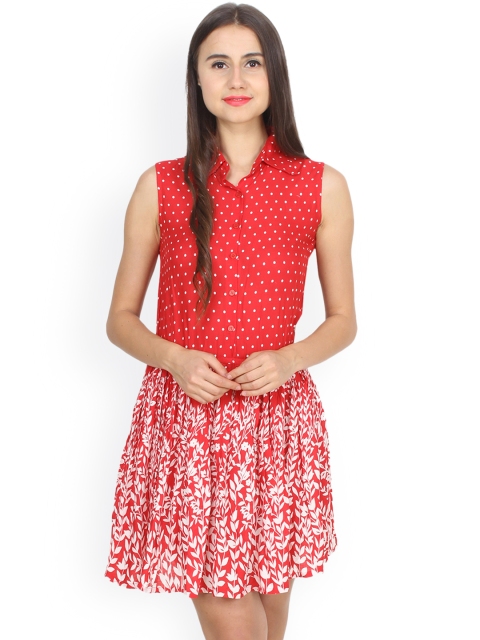 

Cation Women Red Printed Fit and Flare Dress