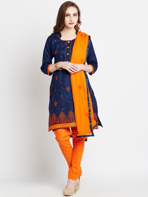 

AgrohA Navy Blue & Orange Pure Cotton Unstitched Dress Material