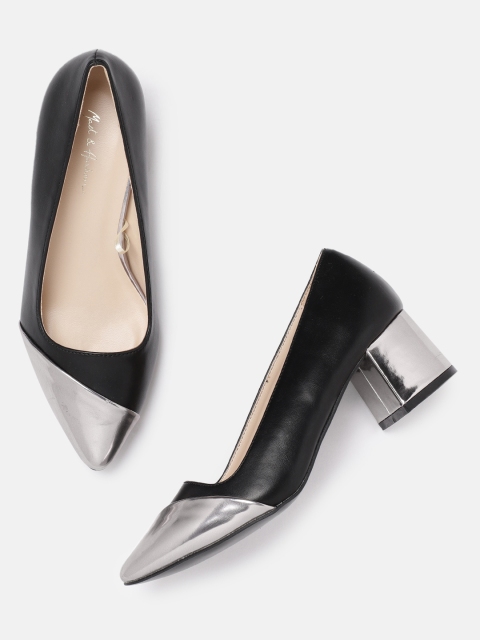 

Mast & Harbour Women Black & Silver-Toned Colourblocked Pumps