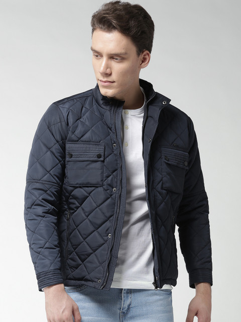 

Okane Men Navy Blue Solid Quilted Jacket