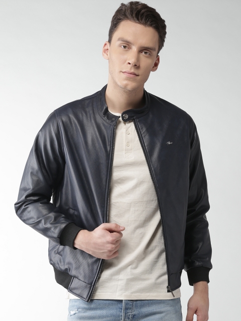 

Okane Men Navy Blue Solid Biker Jacket