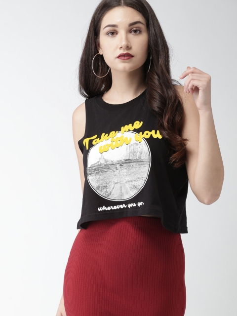 

FOREVER 21 Women Black Printed Round Neck T-shirt