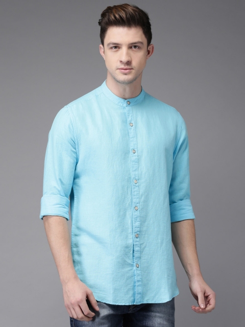 

HERE&NOW Men Linen Blend Blue Regular Fit Solid Casual Shirt