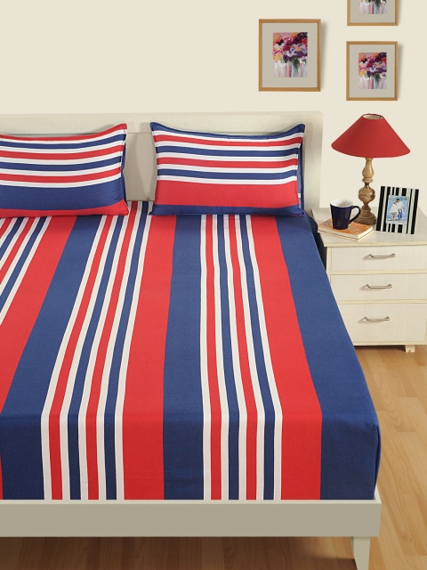 

SWAYAM Blue & Red Striped Flat 180 TC Cotton 1 King Bedsheet with 2 Pillow Covers