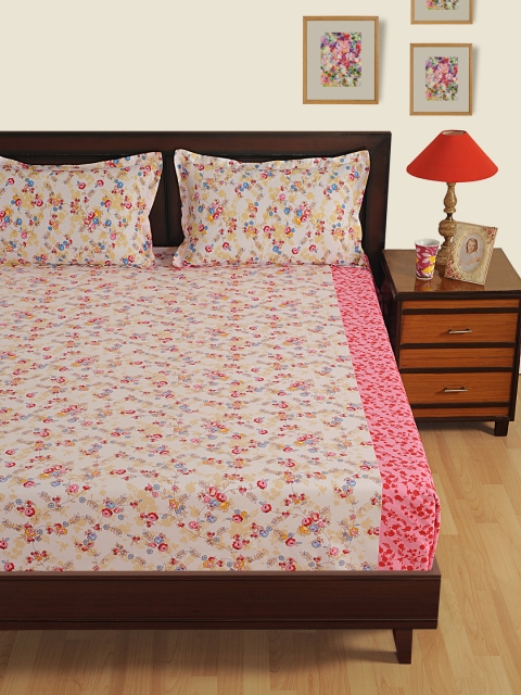 

SWAYAM Pink & Off-White Floral Flat 160 TC Cotton 1 King Bedsheet with 2 Pillow Covers