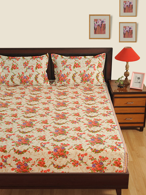 

SWAYAM Cream-Coloured & Red Floral Flat 160 TC Cotton 1 King Bedsheet with 2 Pillow Covers