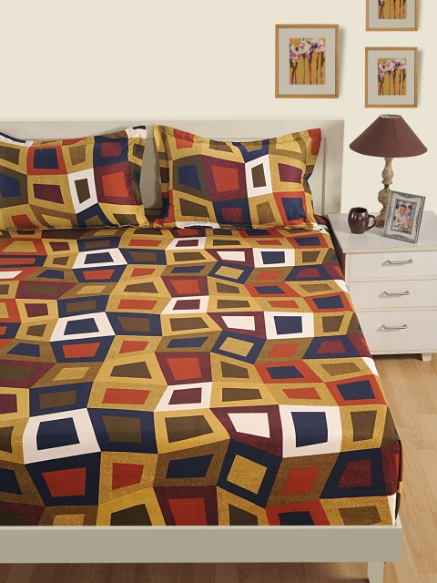 

SWAYAM Brown & Blue Geometric Flat 250 TC Cotton 1 King Bedsheet with 2 Pillow Covers
