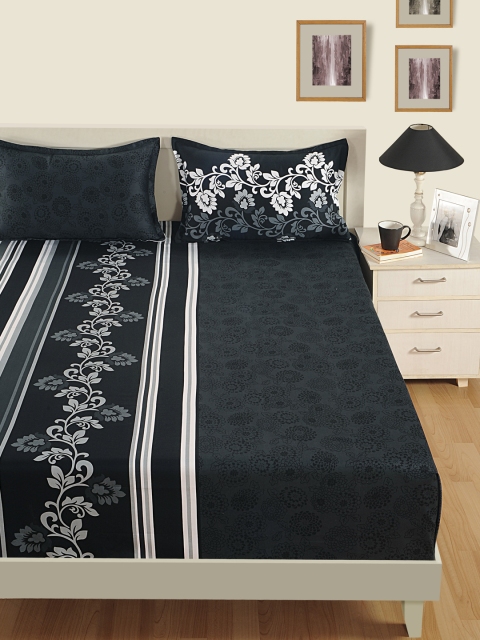 

SWAYAM Black & White Floral Flat 250 TC Cotton 1 King Bedsheet with 2 Pillow Covers