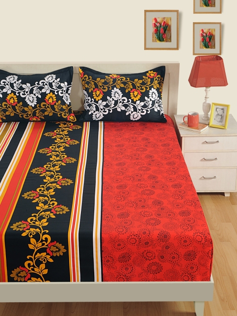 

SWAYAM Black & Red Floral Flat 250 TC Cotton 1 King Bedsheet with 2 Pillow Covers