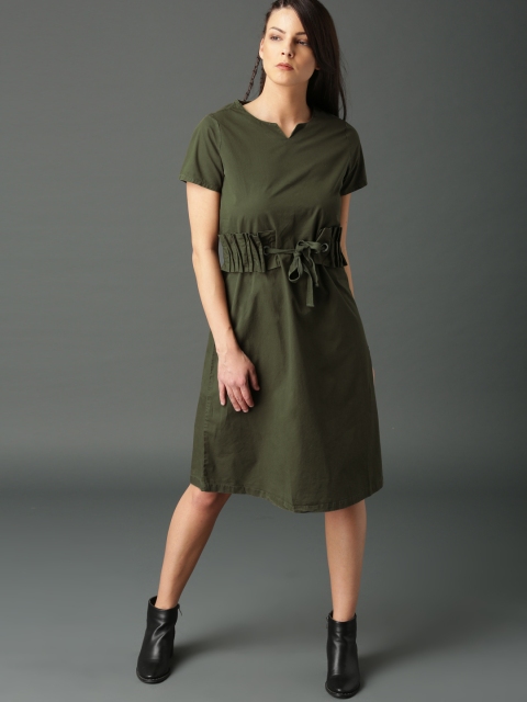 

Roadster Women Olive Green Solid A-Line Dress