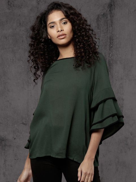 

Roadster Women Green Solid Ruffled Top