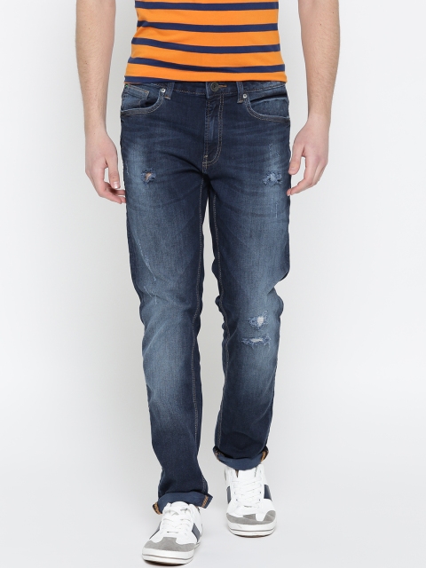 

United Colors of Benetton Men Navy Blue Skinny Fit Mid-Rise Low Distress Stretchable Jeans