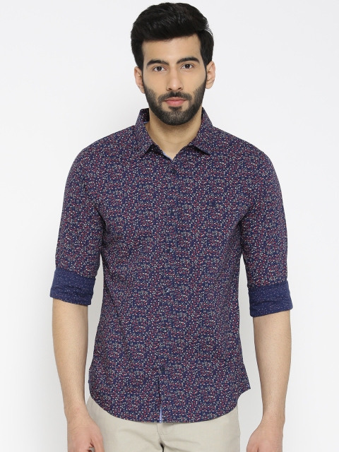 

United Colors of Benetton Men Navy & Red Slim Fit Printed Casual Shirt, Navy blue