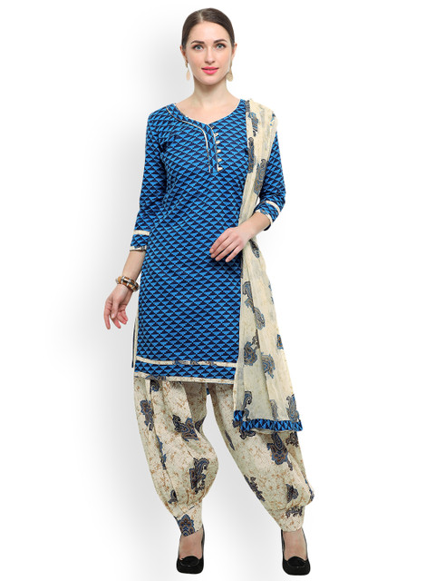 

Satrani Blue & Cream-Coloured Cotton Blend Unstitched Dress Material