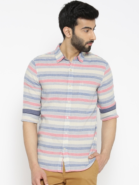 

United Colors of Benetton Men Beige & Pink Slim Fit Striped Casual Shirt