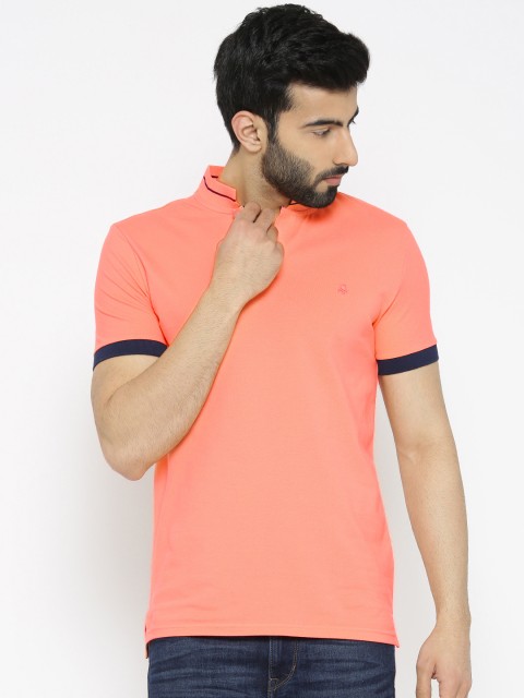 

United Colors of Benetton Men Coral Orange Solid Stand Collar T-shirt
