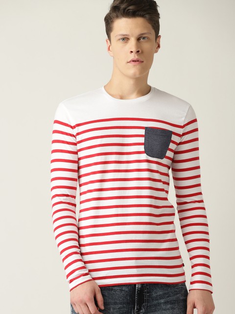 

United Colors of Benetton Men White & Red Striped Round Neck T-shirt