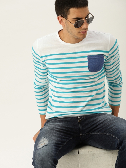 

United Colors of Benetton Men Green & White Striped Round Neck T-shirt
