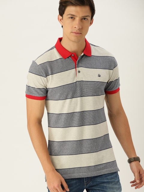 

United Colors of Benetton Men Navy Blue & Off-White Striped Polo Collar T-shirt