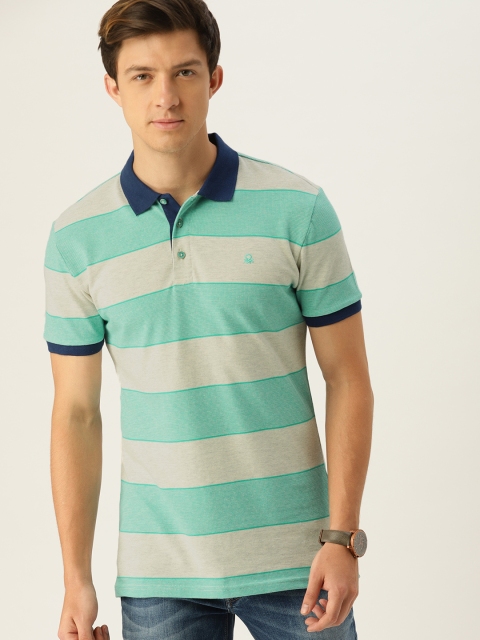 

United Colors of Benetton Men Blue & Grey Melange Striped Polo Collar T-shirt