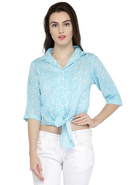 

Ayaany Women Blue Printed Shirt Style Top
