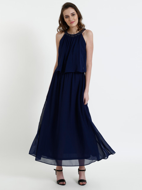 

COVER STORY Women Navy Blue Solid Embellished Maxi Dress