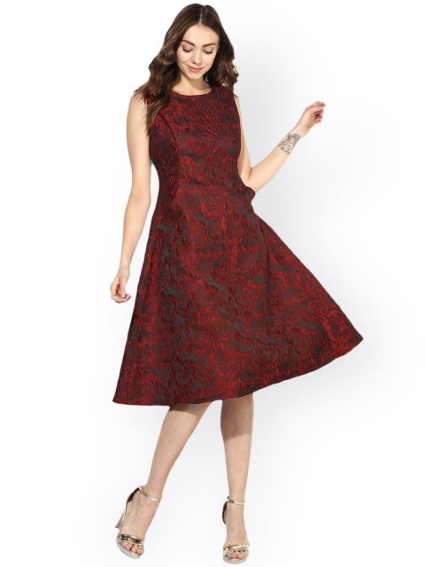 

Soie Women Red Self Design Fit and Flare Dress