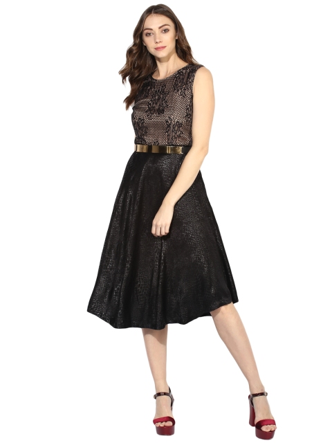

Soie Women Black Self Design Fit and Flare Dress