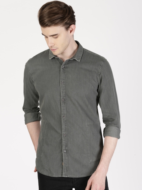 

ether Men Charcoal Regular Fit Solid Denim Casual Shirt