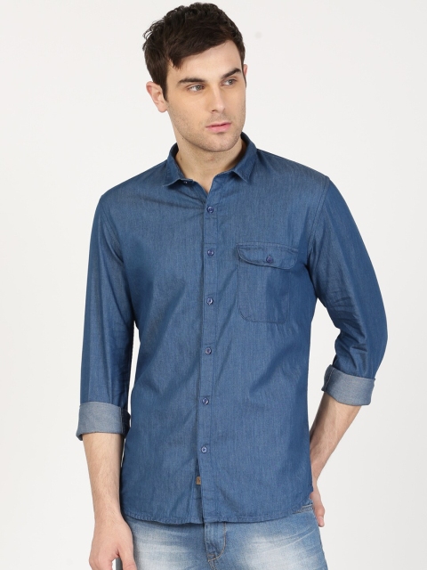 

ether Men Blue Solid Slim Fit Denim Shirt