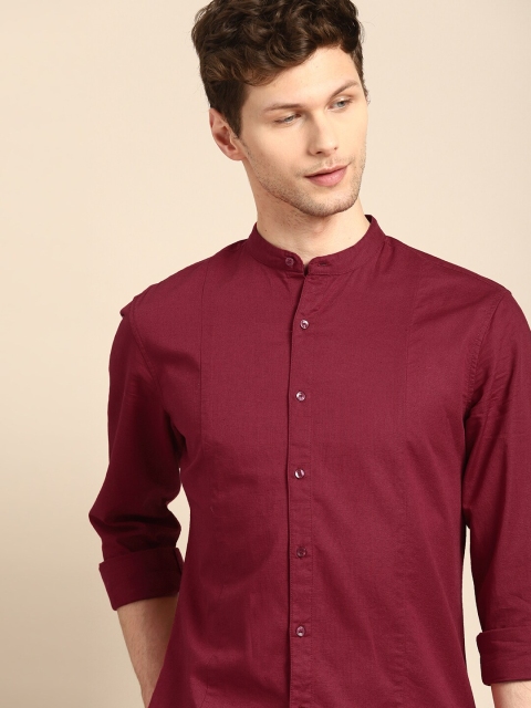 

ether Men Maroon Solid Regular Fit Cotton Linen Casual Shirt