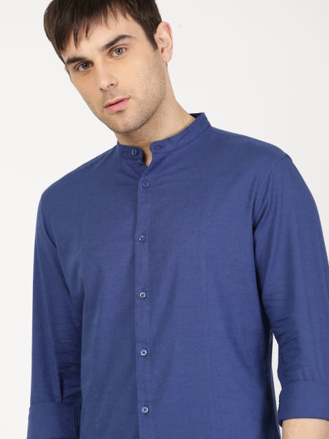 

ether Men Blue Solid Slim Fit Cotton Linen Casual Shirt