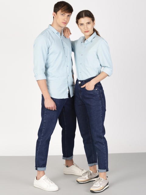 

ether Unisex Blue Solid Slim Fit Denim Shirt