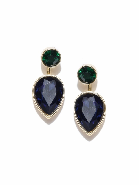 

OOMPH Blue & Green Teardrop Shaped CZ Stone-Studded Jacket Earrings