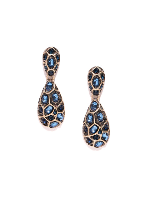 

OOMPH Antique Gold-Toned & Blue Teardrop-Shaped Drop Earrings