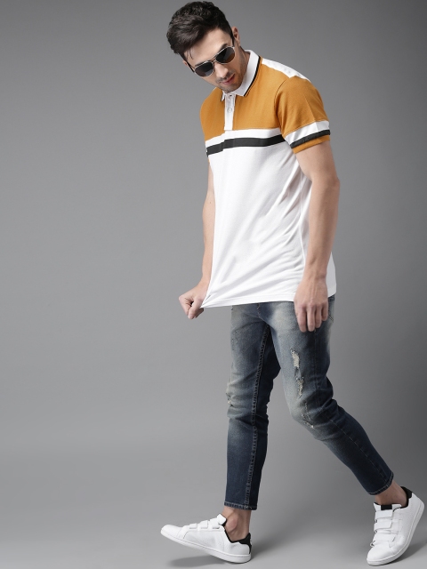 

Moda Rapido Men White & Mustard Yellow Colourblocked Polo Collar T-shirt