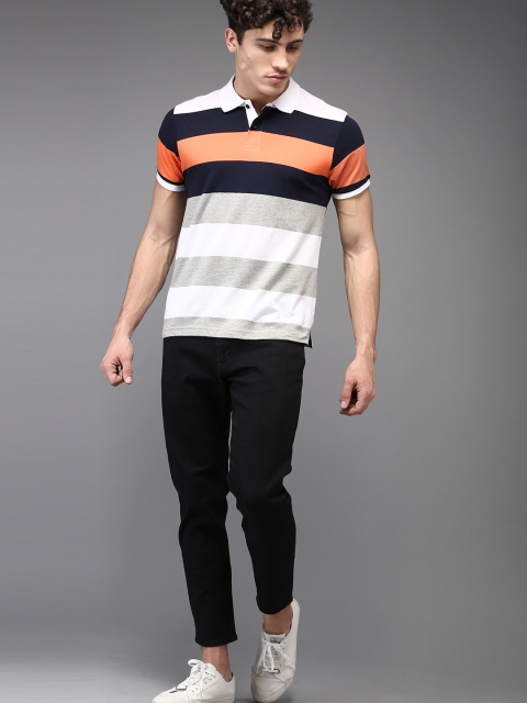 

Moda Rapido Men White & Orange Striped Polo Collar T-shirt