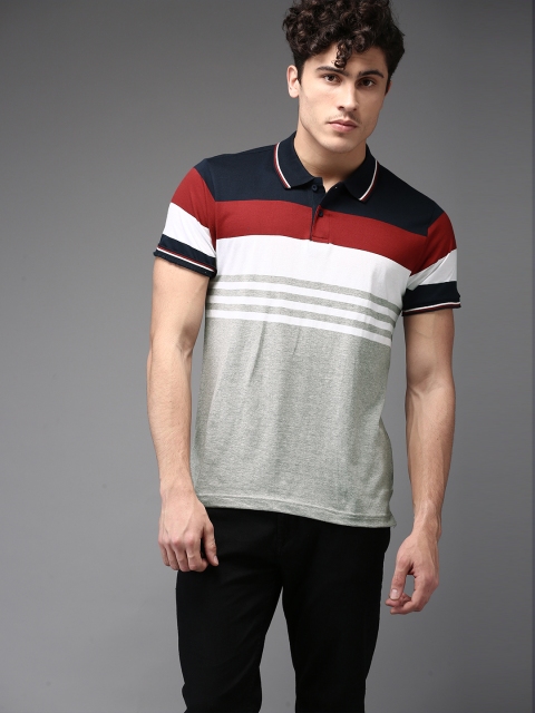 

Moda Rapido Men Grey Melange Striped Polo Collar T-shirt