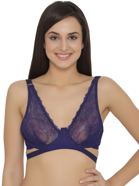 

Clovia Lace Non-Padded Underwired Plunge Bra, Blue