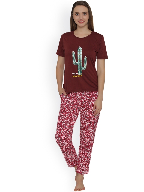 

Clovia White & Maroon Printed Lounge Set LS0297P18XL