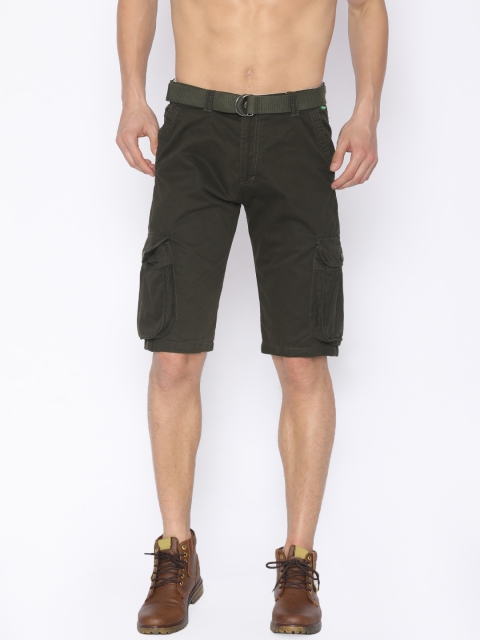 

FIFTY TWO Men Olive Green Solid Regular Fit Cargo Shorts