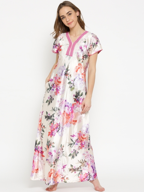 

Sweet Dreams Cream-Coloured & Pink Printed Maxi Nightdress with Satin Finish