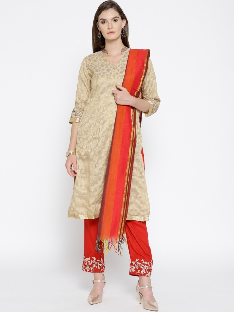 

Biba Women Beige & Red Woven Design Kurta with Trousers & Dupatta
