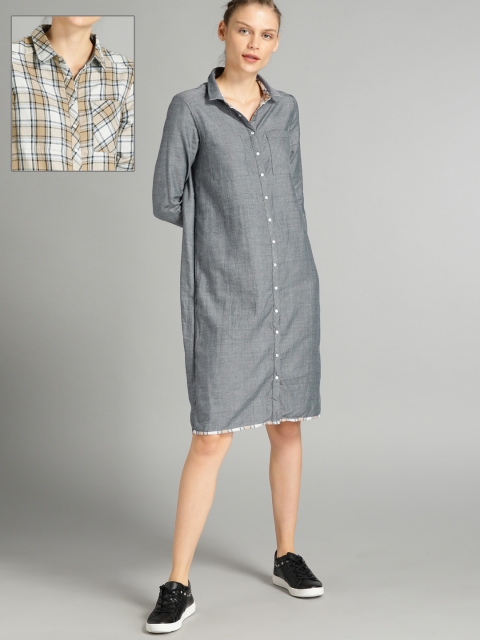 

Roadster Women Beige & Grey Checked Reversible Shirt Dress