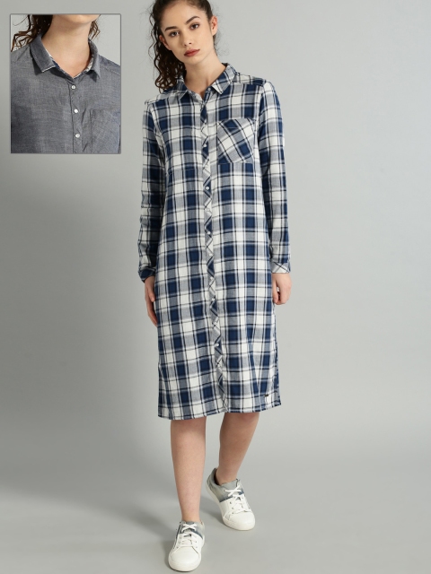

Roadster Women Blue & Grey Checked Reversible Shirt Dress