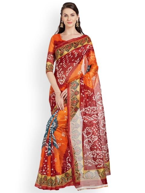 

Florence Orange & Maroon Poly Silk Printed Bhagalpuri Saree