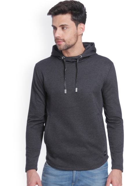 

ONLY & SONS Men Charcoal Solid Hooded Sweatshirt
