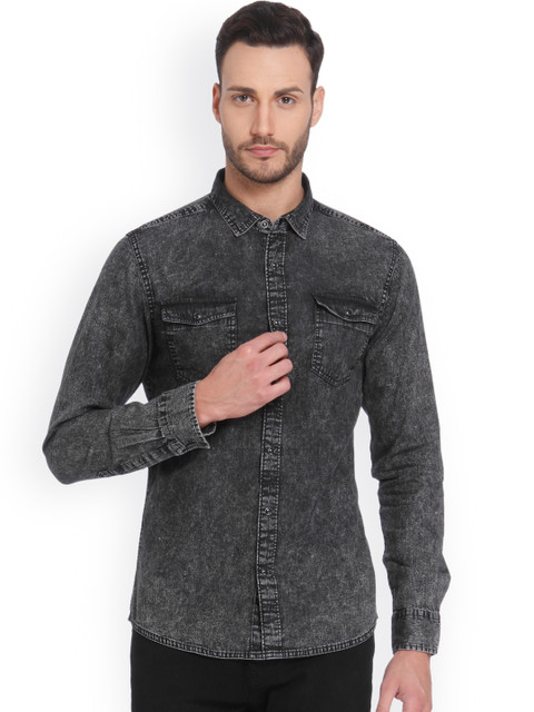 

ONLY & SONS Men Charcoal Grey Slim Fit Solid Casual Shirt