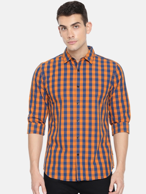 

ONLY & SONS Men Orange & Blue Slim Fit Checked Casual Shirt
